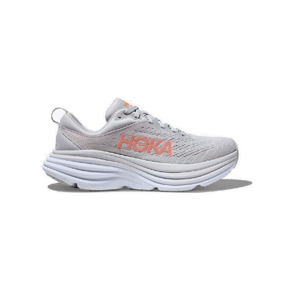 Hoka Bondi 8 running shoe in harbor mist grey with orange logo.