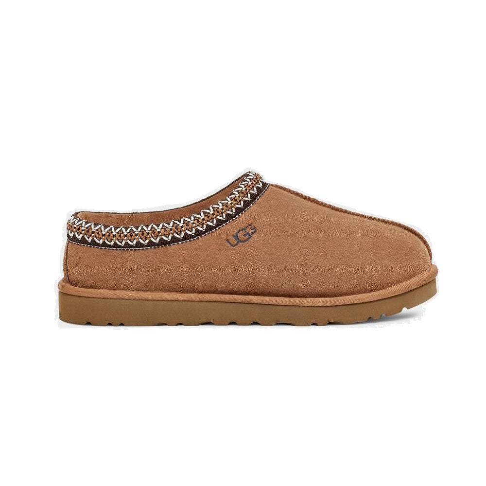 UGG Men's Tasman slipper in chestnut with braided trim.