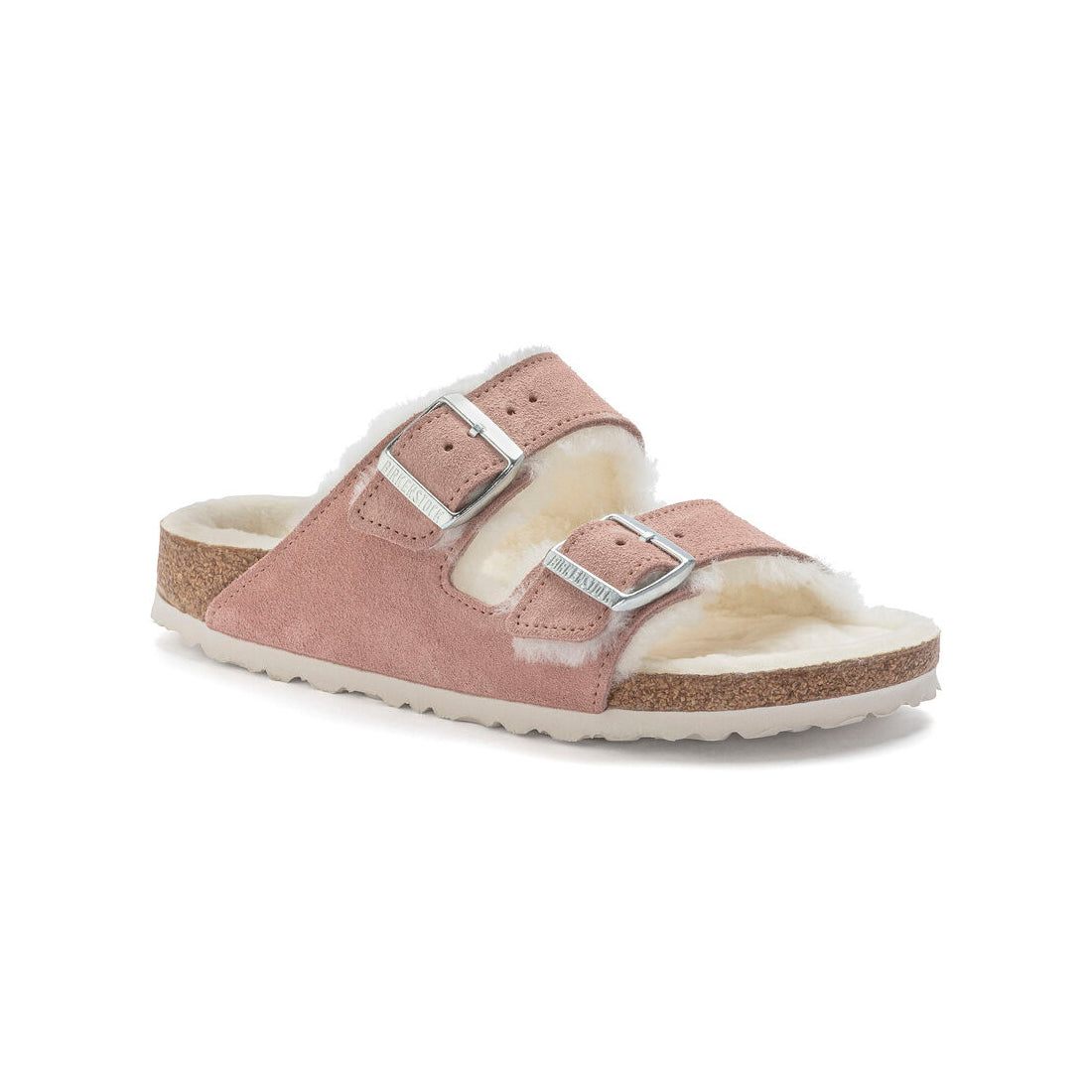 Birkenstock Arizona two strap sandal with shearling lining in Pink Ckay.