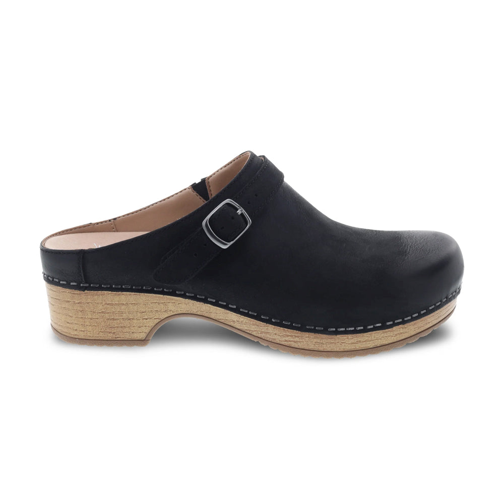 Berry open back clogs in Black Burnished Nubuck