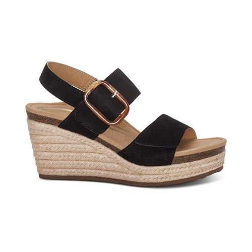 Aetrex wedge sandal with two straps and back strap in black.