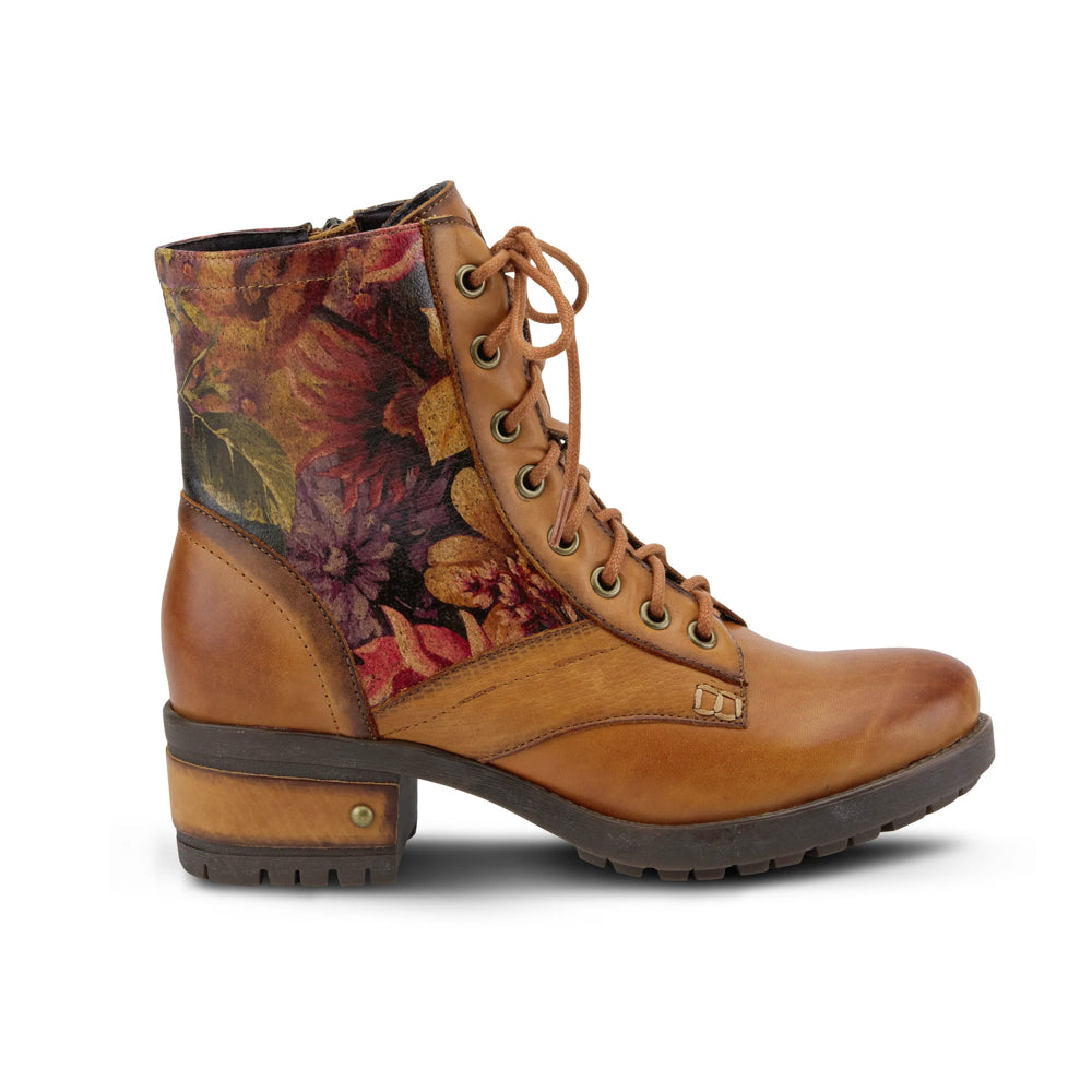 Feminine and floral combat-style leather boot