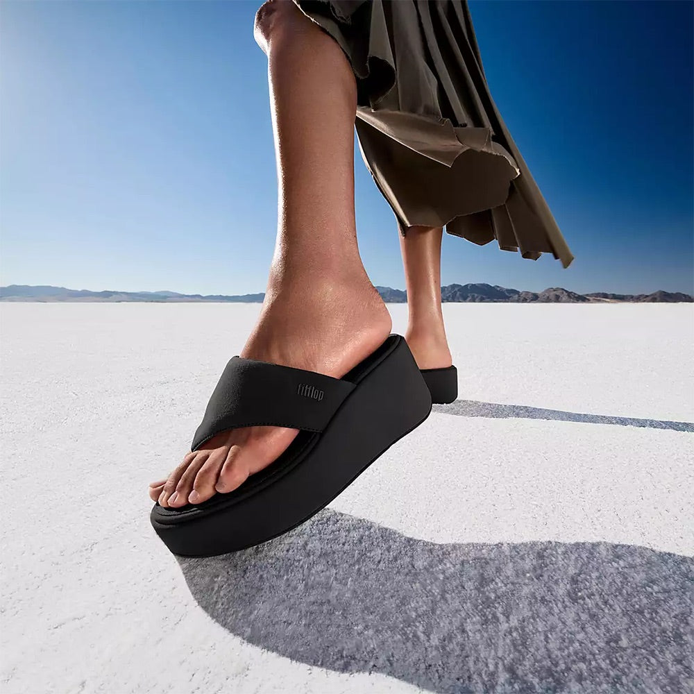 Platform Wedge Toe-Post Sandals (All Black) when worn