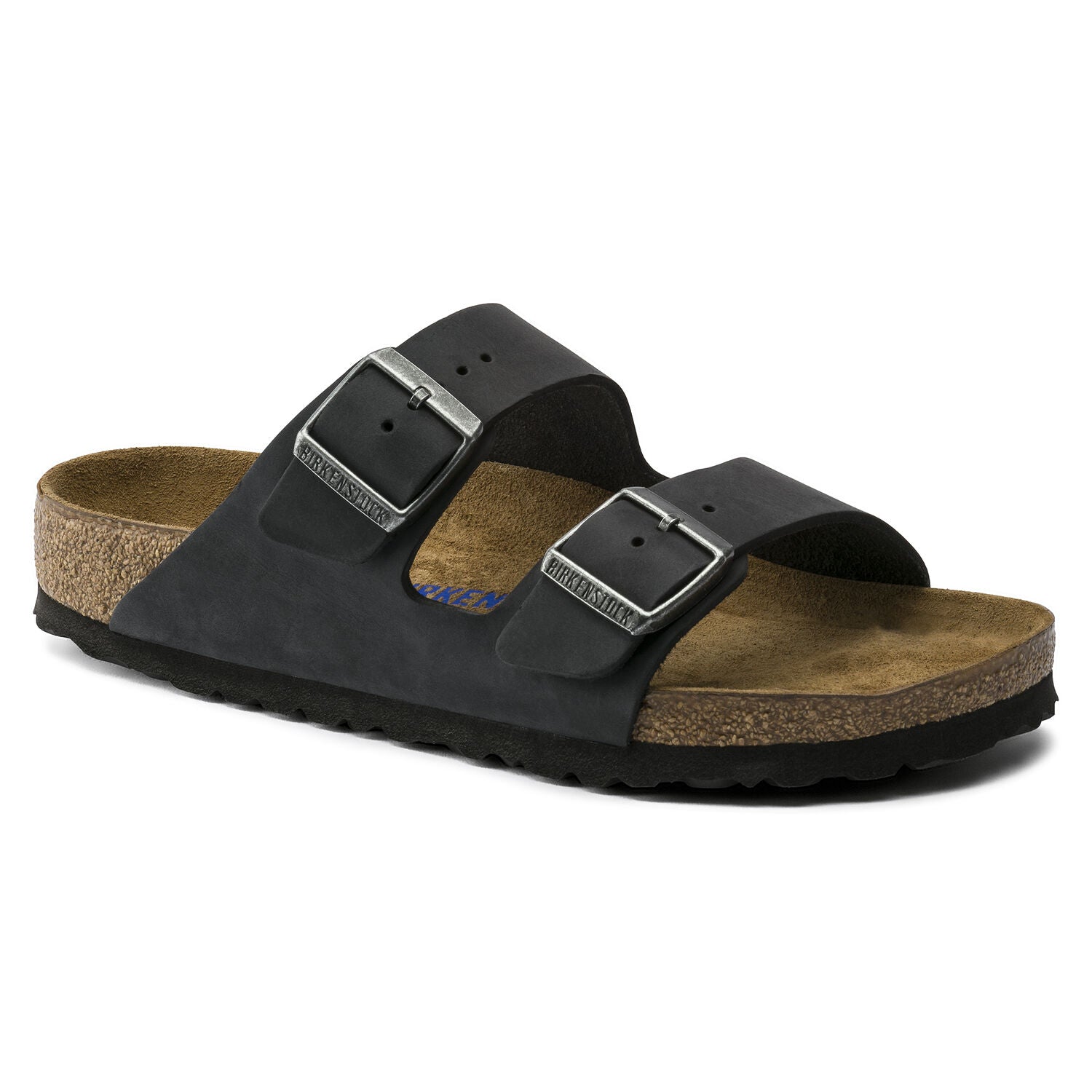 Birkenstock Arizona with soft footbed and oiled leather upper. Color is black.
