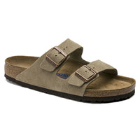 Birkenstock Arizona with soft footbed and suede leather upper. Color is taupe.