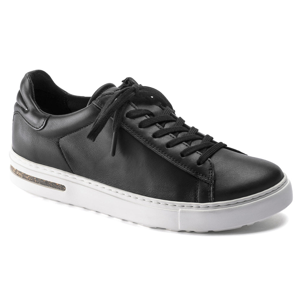 Black leather lace up sneaker with white sole.