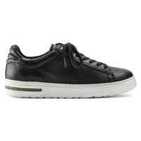 Black leather lace up sneaker with white sole.