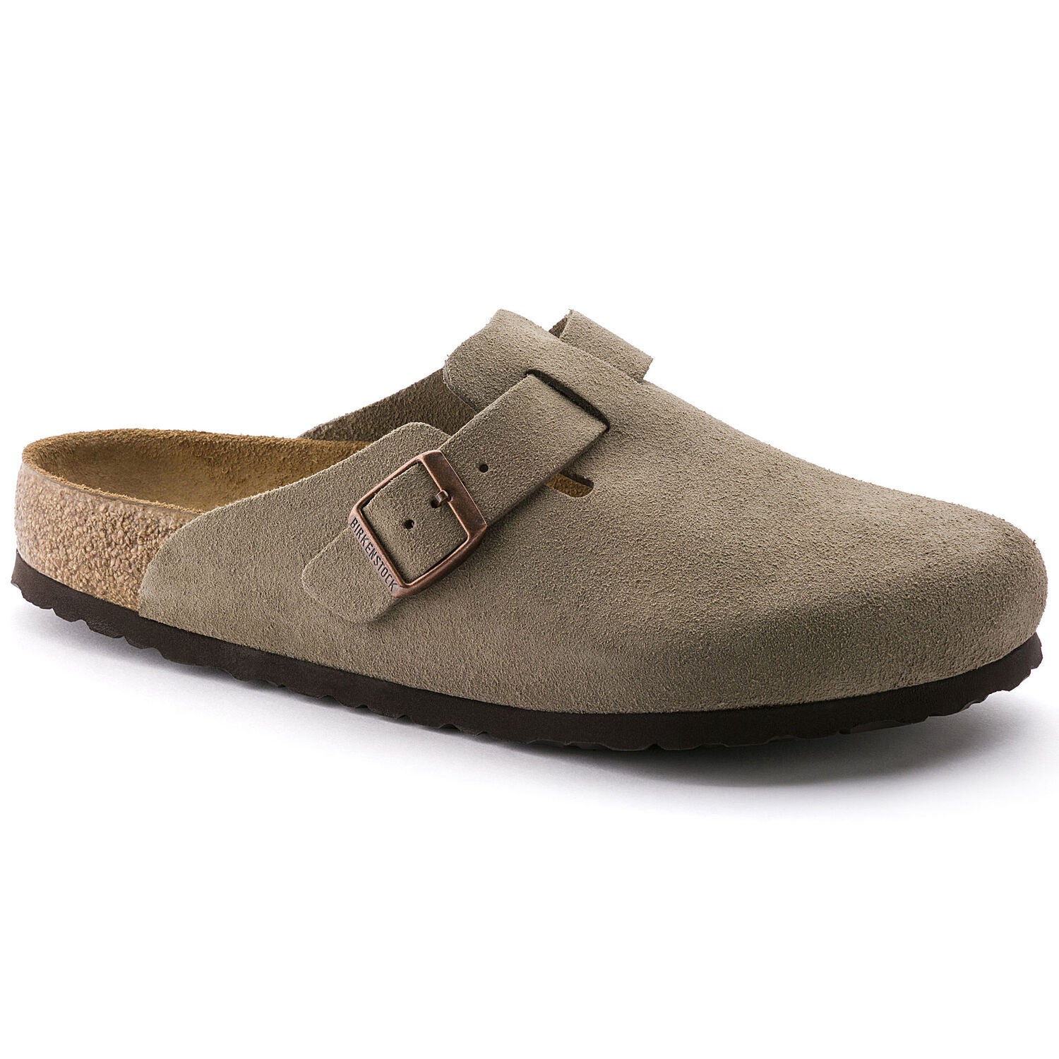 Birkenstock Boston closed two slipper with soft footbed and suede upper. Color is taupe.