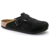 Birkenstock Boston closed two slipper with soft footbed and suede upper. Color is black.
