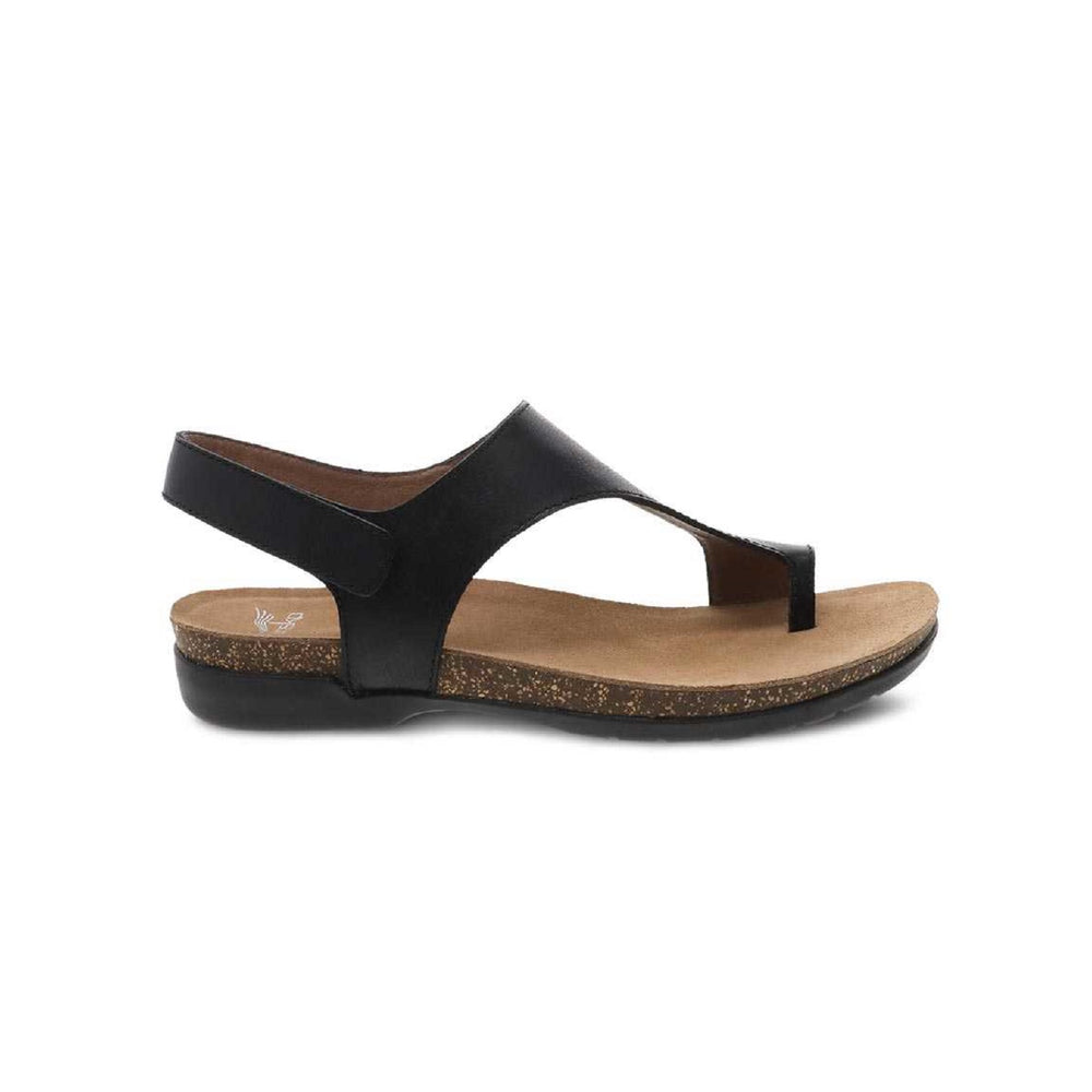 Black leather thong sandal with velcro back strap.
