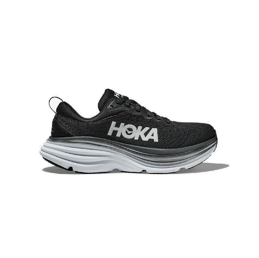 Hoka Bondi 8 running shoe in black and white.
