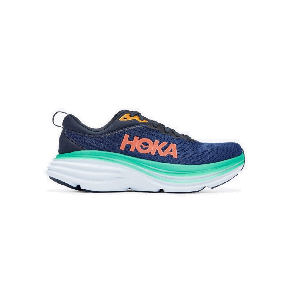Hoka Bondi 8 running shoe in Outer Space Blue with orange logo and green accent