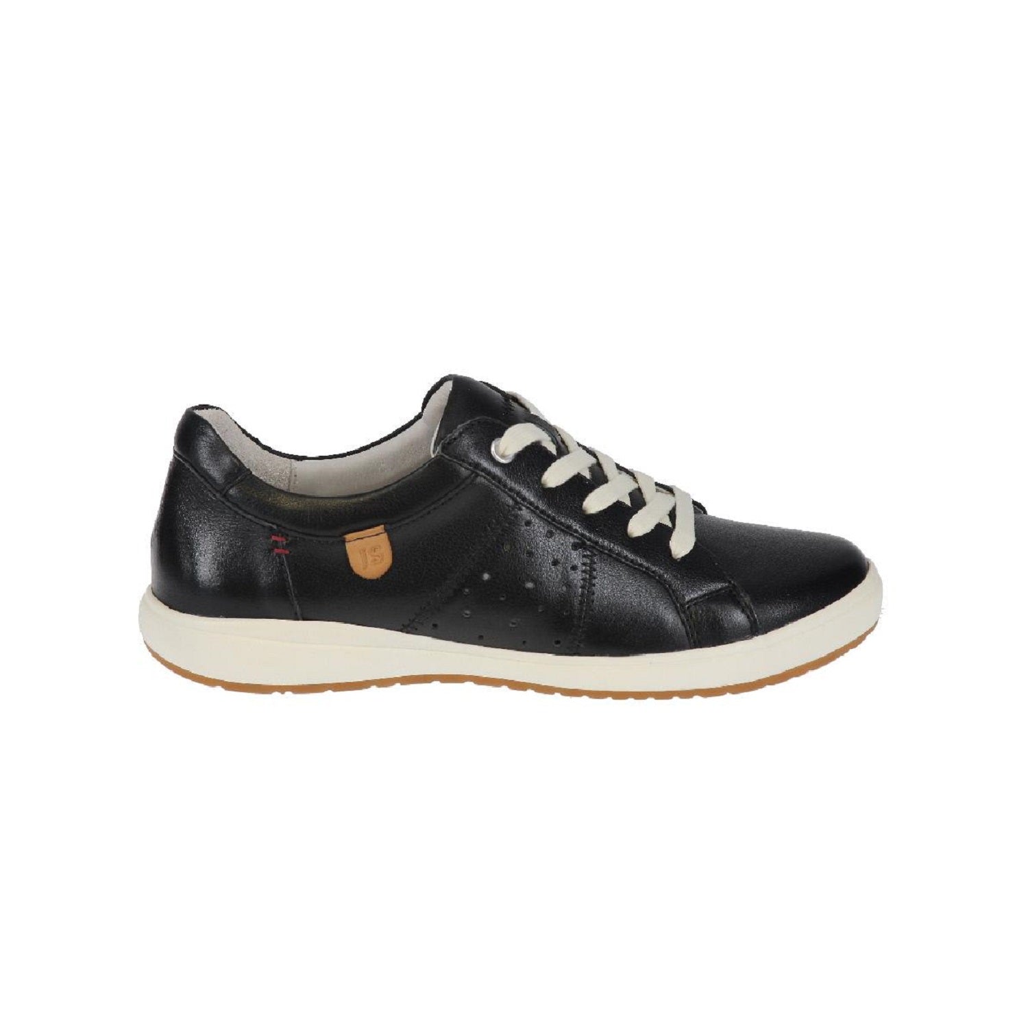 Leather sneaker in black with white trim.