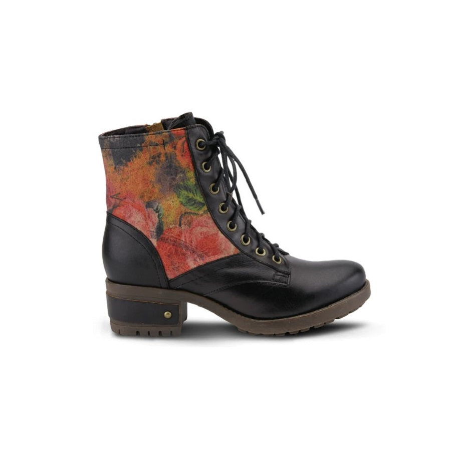 L'Artiste leather lace up boot in black with red floral panels.