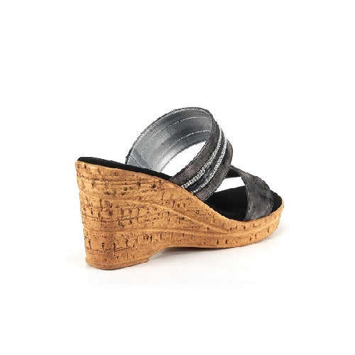 Two strap high heel slide in black with cork wedge.