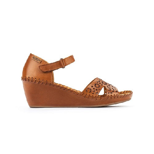 Leather wedge sandal with cut out details in brandy.