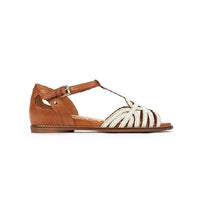 Leather T strap sandal with white front design.