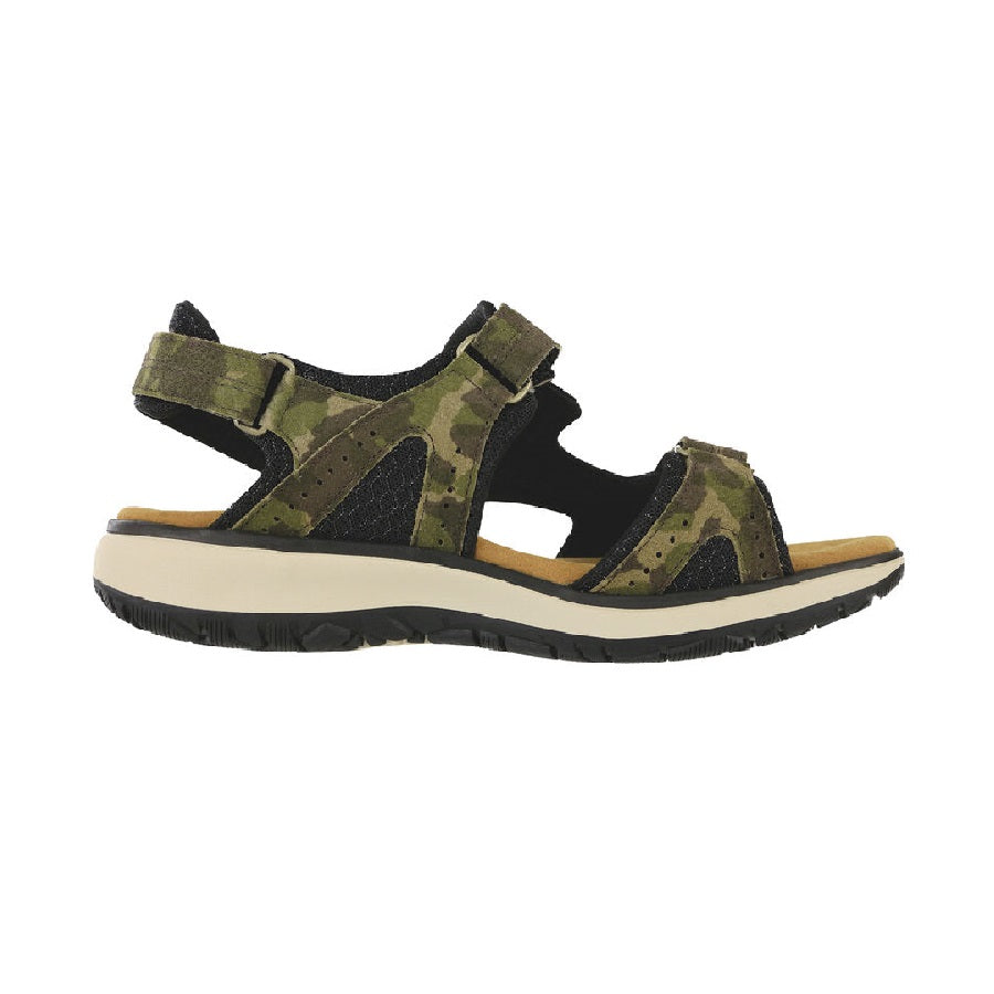 Outdoor sandal with adjustable hook and loop straps in camo.
