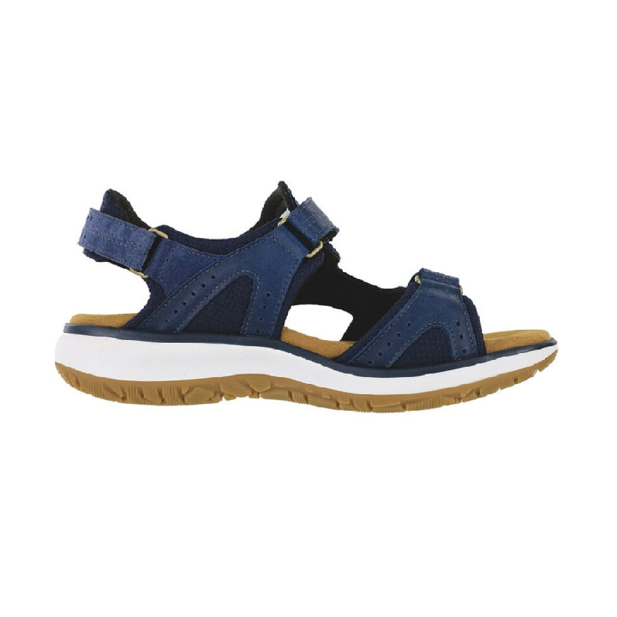 Outdoor sandal with adjustable hook and loop straps in blue.