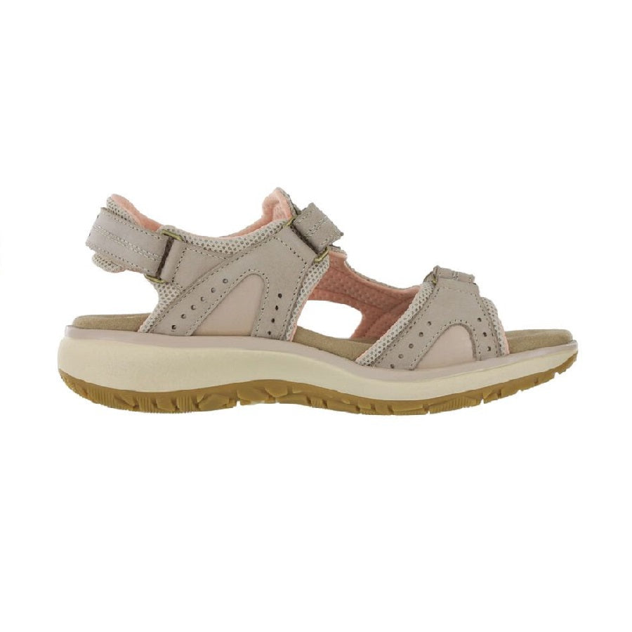 Outdoor sandal with adjustable hook and loop straps in taupe.