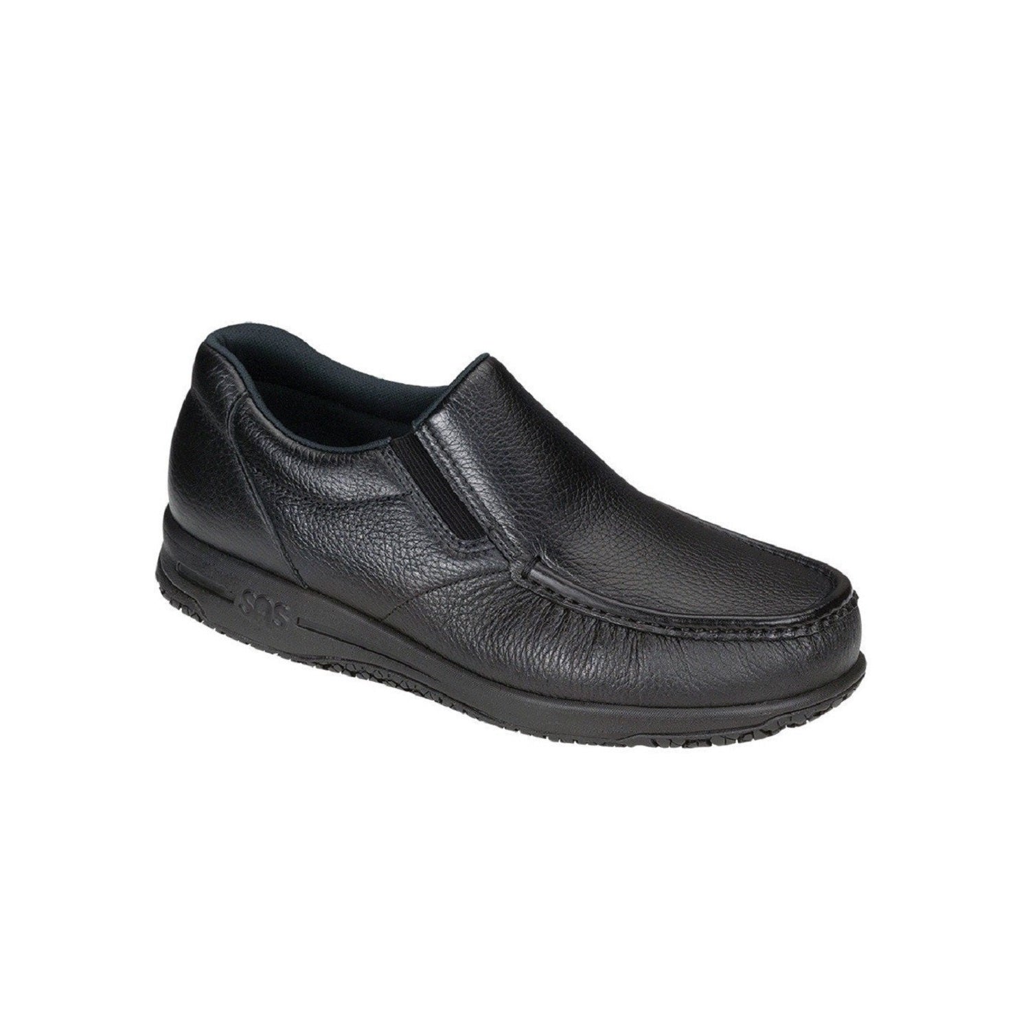 Men's leather slip on slip resistant shoe.