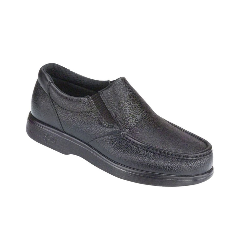 Men's leather slip on moccasin style shoe.