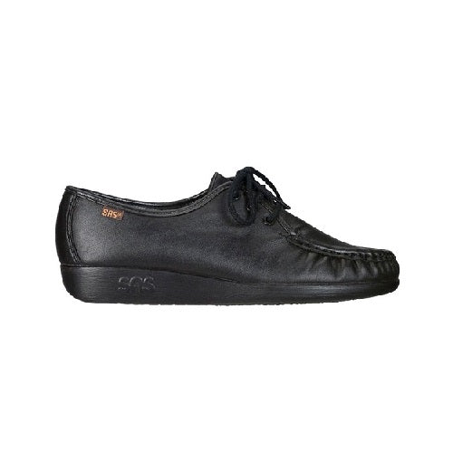 Leather moccasin shoe with lace up detail in black.