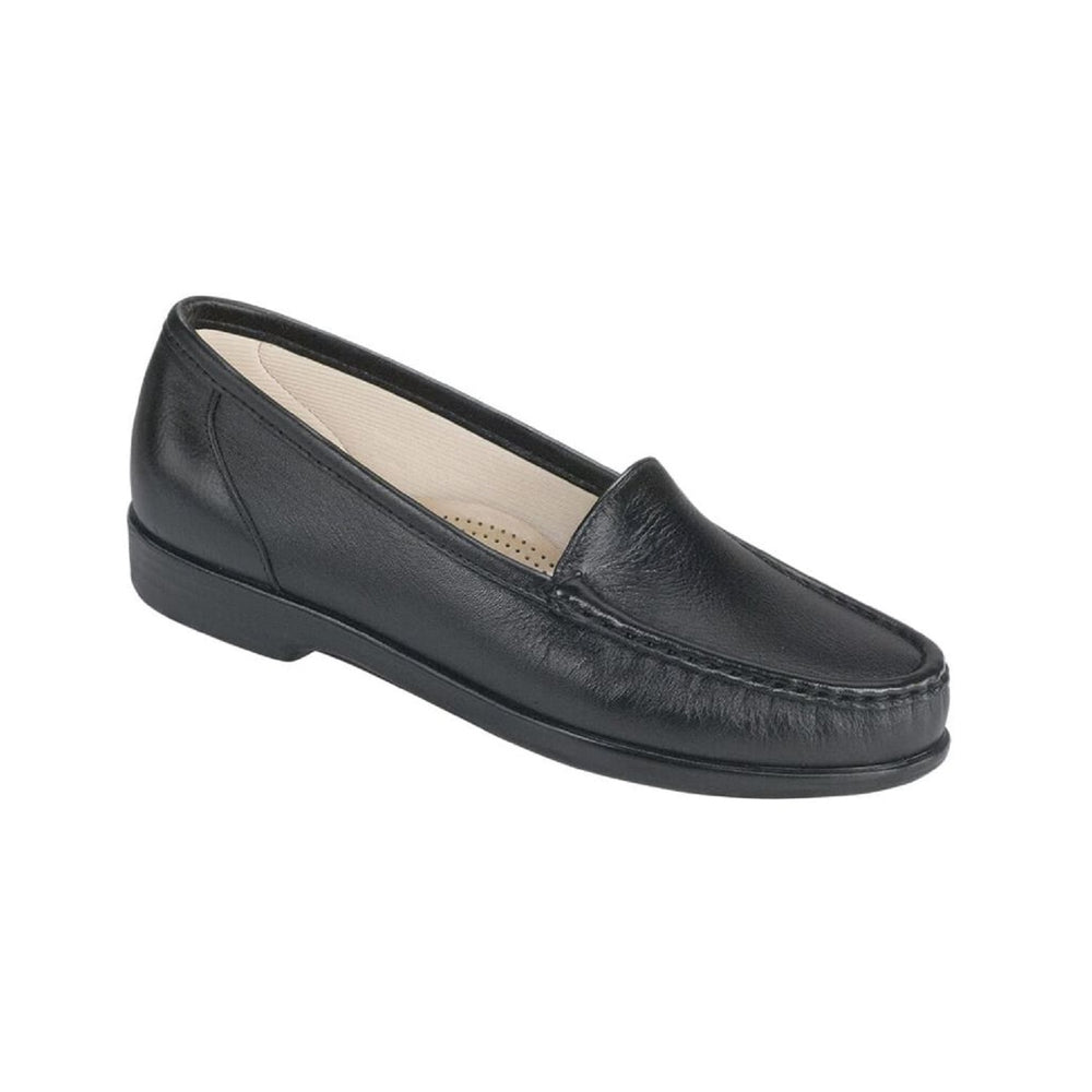 Black leather moccasin style loafer.