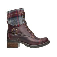 Lace up combat boot in bordeaux with plaid design. 