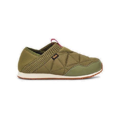 Water repellant moccasin made from recycled materials in olive.