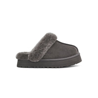 UGG Disquette platform slipper with sheepskin lining in charcoal grey.