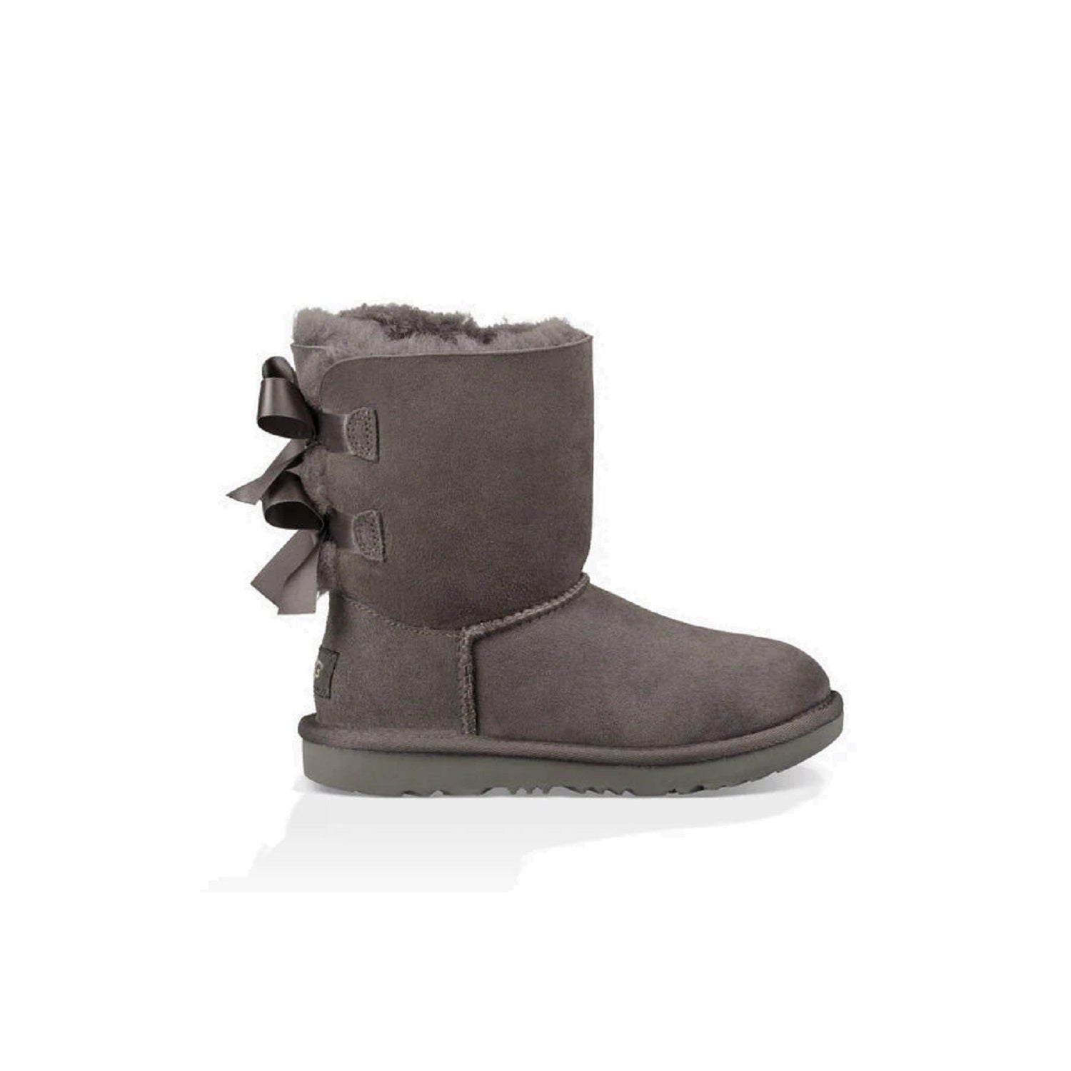 Kid's boot with two bows on the back in grey.