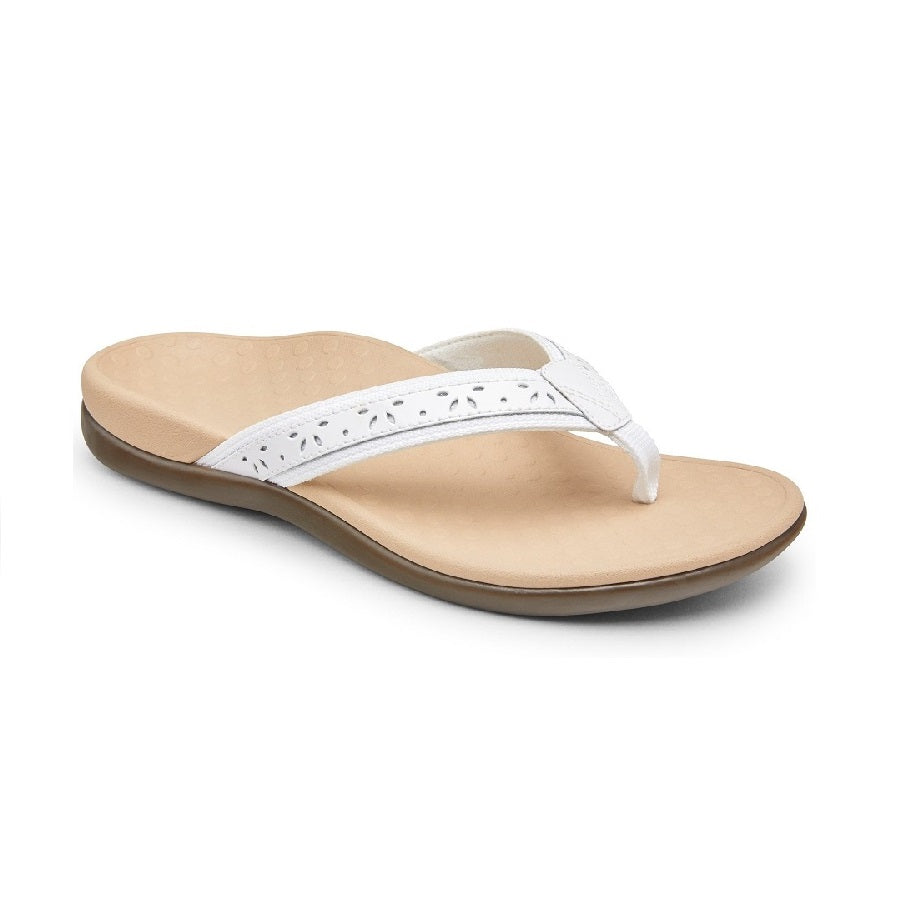 White flip flop with tan microfiber lining.